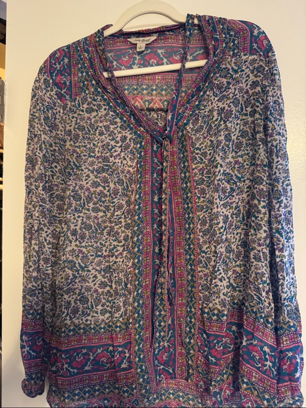 Lucky Brand Printed Tie-Front Peasant Blouse in Purple and Teal